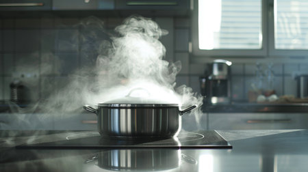 Steam escaping from a pressure cooker in a modern kitchen.の素材