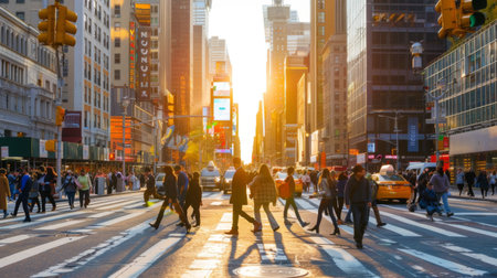 Pedestrians crossing a bustling city crosswalk with traffic lights and skyscrapers in the background.の素材