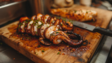 Close-up of grilled squid tentacles on a wooden cutting board, with chef's knife beside it.の素材