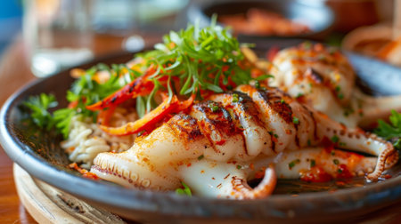 Close-up of grilled squid served with vegetables and rice on a restaurant table.の素材