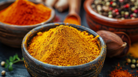 Close-up of colorful spices and herbs like turmeric, cumin, and coriander powder in small bowlsの素材