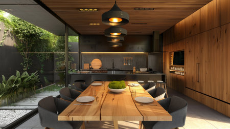 Dining area in a minimalist home featuring a wooden table, designer chairs, and pendant lighting.の素材