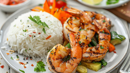 Close-up of grilled shrimp served with steamed vegetables and rice on a restaurant table.の素材