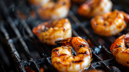 Close-up of grilled shrimp with charred grill marks, showcasing barbecue flavors.の素材