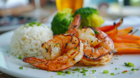 Close-up of grilled shrimp served with steamed vegetables and rice on a restaurant table.の素材