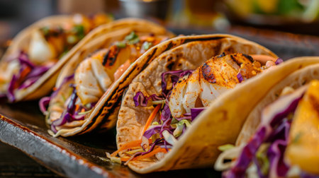 Close-up of seafood tacos with grilled fish, cabbage slaw, and chipotle mayo in soft corn tortillas.の素材
