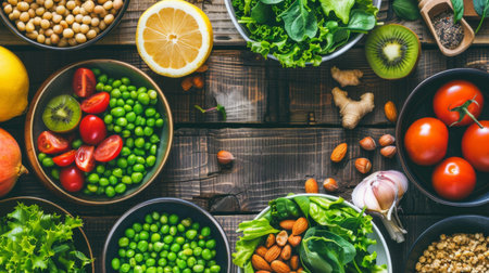 Ingredients for a healthy salad arranged neatly on a wooden table, including greens, nuts, and fruits.の素材