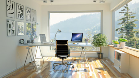 Modern minimalist home office with a sleek desk, ergonomic chair, and minimalist decor.の素材