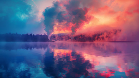 Colored smoke wafting over a serene lake at sunrise, blending with reflections on the water's surface.の素材