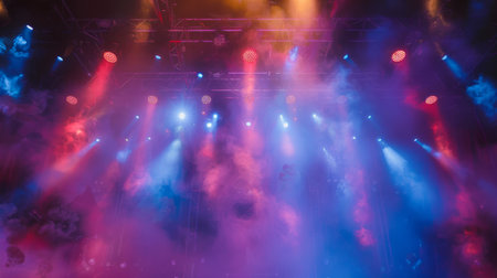 Smoke filling the stage during a rock concert, with colorful lights shining through.の素材
