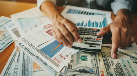 Close-up of hands counting money with a calculator and financial reports spread out on a desk.の素材