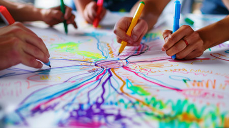 Hands drawing a mind map on a large sheet of paper with colorful markers.の素材