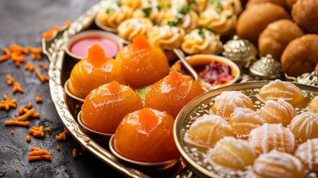 Traditional Indian sweets and desserts like gulab jamun and jalebi arranged on a festive platter.の素材