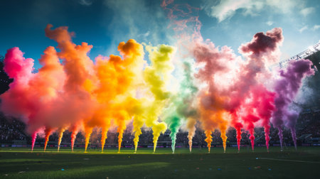 Colored smoke bombs exploding in a synchronized display at a sports event halftime show, exciting the crowd.の素材