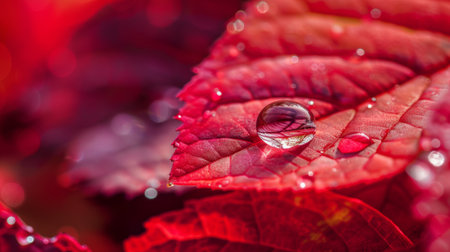 Macro shot of a single water droplet on a vibrant red leaf, reflecting the surroundings.の素材
