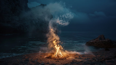 Smoke swirling in the air from a bonfire on a beach during a summer night.の素材