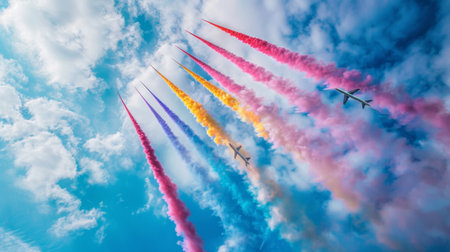 Colored smoke trails left behind by jet planes during an airshow, painting the sky with vibrant streaks.の素材