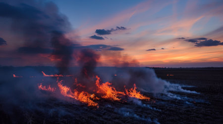 Smoke and flames from a controlled burn in an agricultural field at dusk.の素材