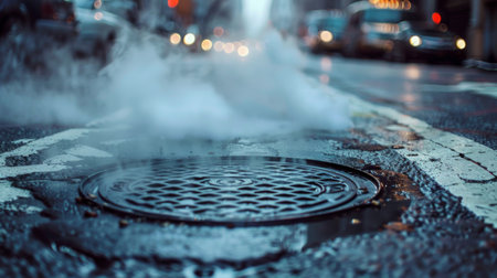 Steam rising from a manhole cover on a city street, adding to the urban atmosphere.の素材