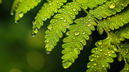 Raindrops clinging to the delicate edges of a fern leaf after a light shower.の素材