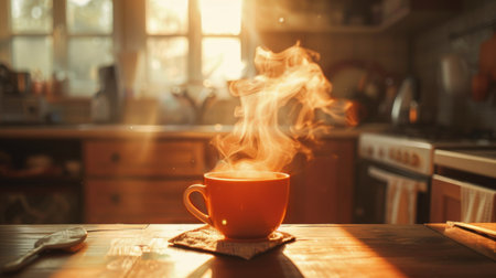 Steam rising from a hot cup of coffee in a cozy kitchen on a cold morning.の素材