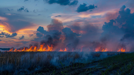 Smoke and flames from a controlled burn in an agricultural field at dusk.の素材