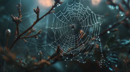 Macro shot of a spider weaving its web between branches, with dew drops glistening on the web.の素材