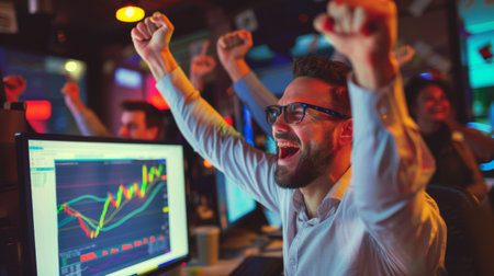 Traders celebrating a successful stock market trade, with graphs visible on monitors.の素材