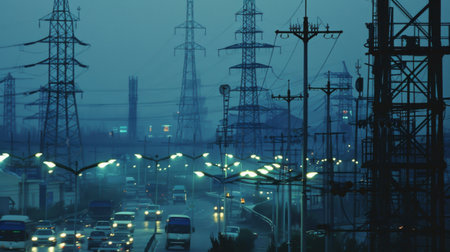 Multiple cellphone towers dotting the landscape of a busy urban area.の素材