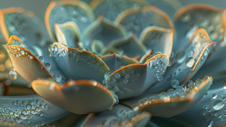 Water droplets resting on the waxy surface of a succulents leaf.の素材