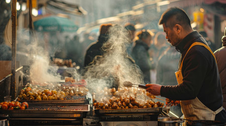 Steam and smoke rising from a street food vendor's grill in a busy market.の素材