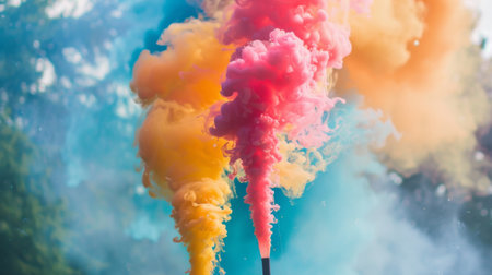 Close-up of colored smoke dispersing in the wind from a handheld smoke emitter at an art installation.の素材