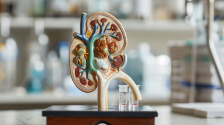 Human kidney model displayed in a laboratory setting, highlighting renal structure and function.の素材