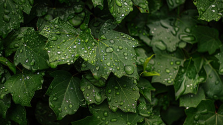 Close-up of rain-soaked leaves with water droplets glistening under soft natural light.の素材