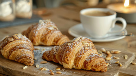 Freshly baked almond croissants on a wooden board, with a cup of espresso in the background.の素材