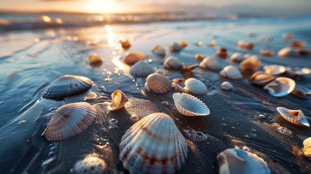 Close-up of seashells scattered on wet sand at low tide, with water receding in the background.の素材