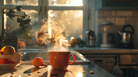 Steam rising from a hot cup of coffee in a cozy kitchen on a cold morning.の素材
