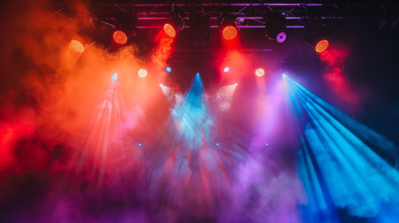 Smoke filling the stage during a rock concert, with colorful lights shining through.の素材