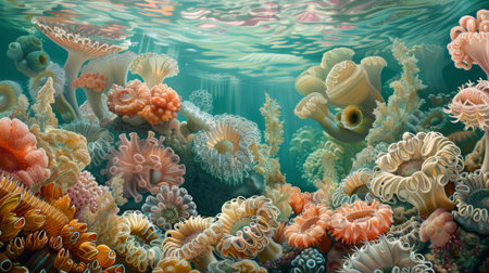 Underwater landscape featuring a variety of sea flowers, including tube worms and coral polyps.の素材
