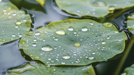 Water droplets forming patterns on the surface of a lotus leaf in a serene pondの素材