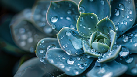 Water droplets resting on the waxy surface of a succulents leaf.の素材