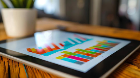 A bar graph on a tablet screen, showing data visualization and analysisの素材