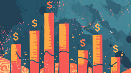 A bar graph showing financial growth over time, with ascending bars and dollar signsの素材
