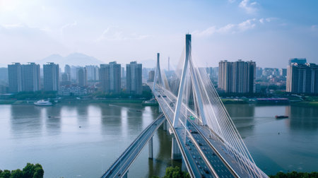 A cable-stayed bridge with modern architectural design, spanning a bustling riverの素材