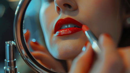 A close-up of a hand holding a lipstick while applying it to a mirror, reflecting the face of the person applying itの素材