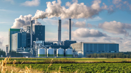 A biomass power plant with large storage facilities for organic materials, highlighting sustainable energy productionの素材