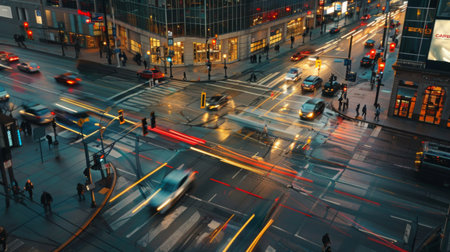 A busy city intersection at dusk, with people and cars moving in harmony, reflecting the dynamic energy of city lifeの素材