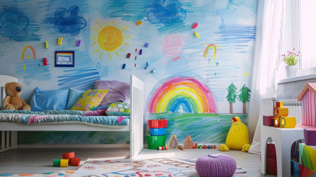 A child's bedroom wall decorated with crayon drawings, showcasing personalized artworkの素材