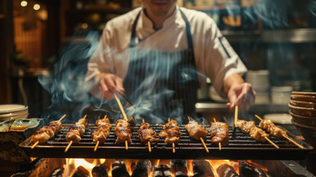A chef grilling yakitori skewers over charcoal, preparing traditional Japanese grilled chickenの素材