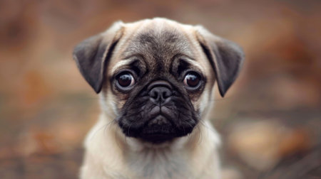A challenging pug puppy staring defiantly at the camera, showing its stubborn personalityの素材